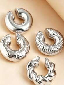 YUNCHUN 4pcs Thick Gold-Tone Open Ear Cuffs, Exaggerated Style Non-Pierced Earrings For Women's Daily And Party Wear - Silver - View 4