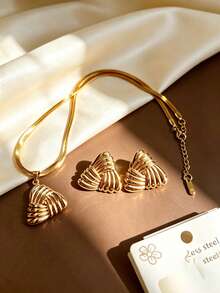 European And American Luxury Wrapped Triangle Stainless Steel Jewelry Set, Waterproof, Sweat-Proof, Hypoallergenic, 3D Twisted Texture Triangle Earrings And Snake Bone Necklace, Graduation Season, Photo Shoot, Vacation, Layered Wear, Atmosphere Set, Summer Beach, Music Festival, Vacation, Eye-Catching Atmosphere Accessory - Multicolor - View 4
