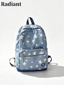星星印花尼龍徽章多口袋輕量大學包，適合青少年女孩學校旅行四季使用（返校背包） - 藍色 - 查看 1