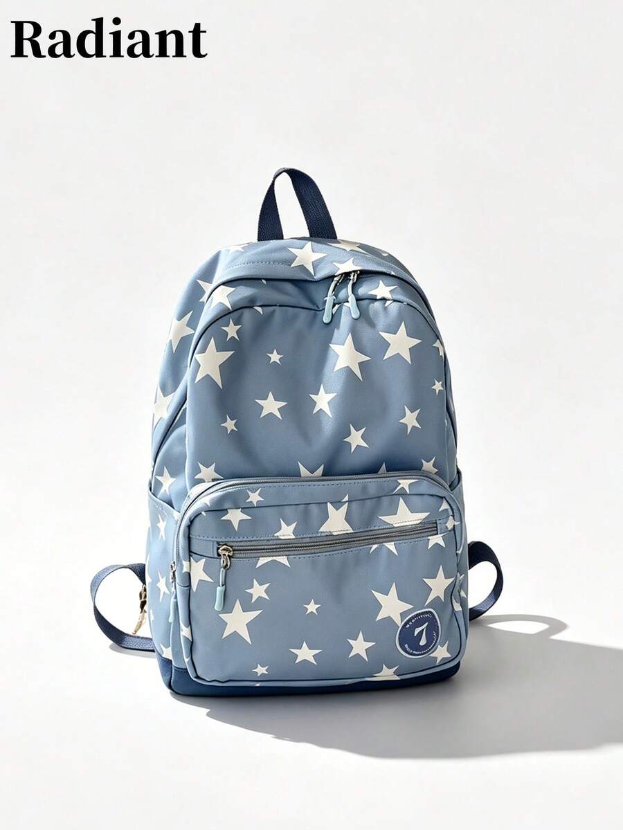 星星印花尼龍徽章多口袋輕量大學包,適合青少年女孩學校旅行四季使用(返校背包) - 藍色 - 查看 1