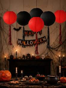 4/1 Set Halloween Black Paper Lanterns With Tassels, Black Paper Lanterns, Halloween Hanging Paper Lantern Set, Suitable For Indoor And Outdoor Halloween Party, Yard Trees, Porch, Ceiling Decoration Paper Lanterns - Multiple Styles - View 5