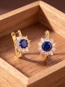1 Pair Vintage Deep Blue Sapphire Zirconia Sunflower Halo Diamond Clip-On Earrings, Suitable For Women's Wedding, Evening Party And Formal Occasions - Sunflower - View 3