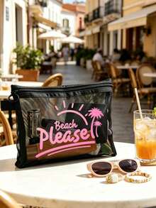 這款海灘網格包印有「Beach_please」字樣與椰子樹圖案，是一款可收納口紅與氣墊粉撲的便攜化妝包，充滿海岸風情。透明大容量旅行化妝收納包，夏威夷風網格化妝包，適合海灘度假、購物、休閒度假、健身，適合作為母親節禮物、情人節禮物、教師節禮物，適合女性旅行、短途旅行與日常通勤。 - 彩色 - 查看 2