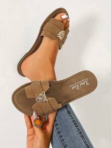 Sandali piatti casual da donna stile coreano, sandali romani intrecciati con punta aperta, nuove scarpe slip-on piatte stile francese per primavera estate autunno, adatte per uso all'aperto, spiaggia, appartamento, da abbinare con gonne - Castano - Visualizzare 3