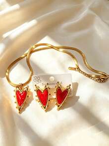 Y2K Sweet & Cool Red Enamel Heart Stainless Steel Jewelry Set, Studded Texture Heart Earrings & Snake Chain Necklace, Valentine's Day Graduation Photo Layering Set, Niche Contrast Gold Ear Studs, Independence Day Evening Candlelight Date Elegant Atmosphere Accessories - Multicolor - View 6
