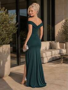 Long Dress In Blue, Green, Red, Marsala, Rose, And Olive + Colors For Bridesmaids, Graduates, And Guests, Off-The-Shoulder With Padded Cups, Fluid Fit, Size 38 To 42 - 墨綠色 - 查看 4