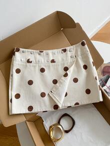 100% Cotton Women Y2K Low Rise Wrap Brown Polka Dot Print Silver Metal Rivet Detail Side Split Mini Skirt Shorts Vintage Summer Daily - Apricot - View 2