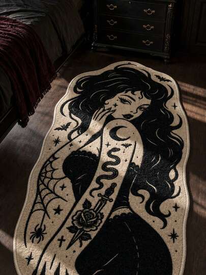 1pc Gothic Tattoo Girl Area Rug Black And White Witchy Pin Up Art Soft Plush Rug For Bedroom Living Room Dressing Room Vanity Dorm Grunge Punk Emo Dark Academia Aesthetic Whimsical Home Decor Cute Halloween Indoor Floor Mat Gift For Her