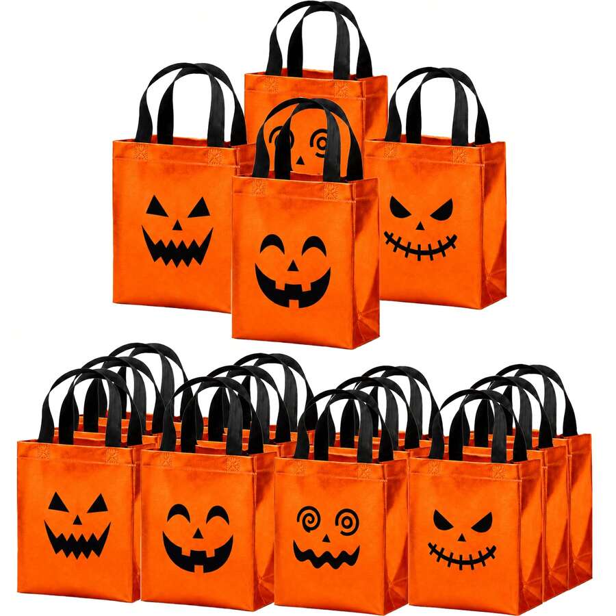 24pcs Halloween Orange Tote Bags 20x25cm Pumpkin & Ghost Face Mixed Design Day Of The Dead Holiday Party Candy Gift Packaging - Orange - View 1