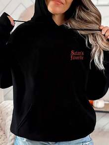 Damen-Hoodie mit dunklem Textdruck "Satan's Favorite" - Schwarzes Gothic-Style Langarm-Sweatshirt, Alltagsoutfit, maschinenwaschbare Herbst-/Winterjacke, bequem, Winter, Hoodie - Schwarz - Übersicht 3