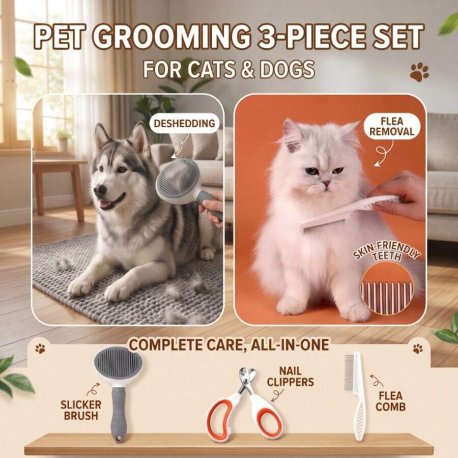 3-In-1 Pet Grooming Kit For Dogs And Cats - Self-Cleaning Slicker Brush, Flea Comb And Nail Clipper, Effectively Removes Hair, Untangles And Removes Fleas, Gently Cares For Long/Short Haired Pets' Skin - Multicolor - View 1