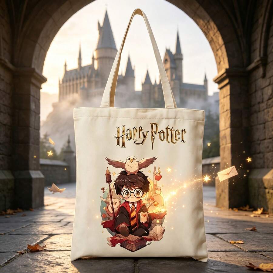 Warner Bros 1件新款哈利波特系列肩背包托特包,大容量帆布手提包,日常通勤與外出必備 - 白色 - 查看 1