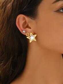 1 Set de Aretes de Acero Inoxidable con Forma de Estrella de Moda Minimalista para Mujeres, Adecuados para Uso Diario (Tarjeta Aleatoria) - Multicolor A - Ver 2