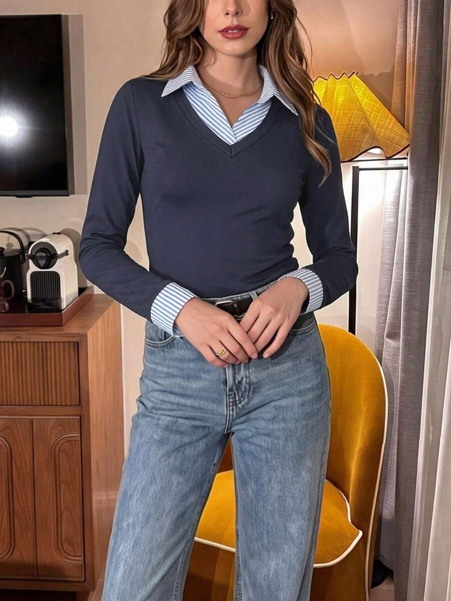 Pariola 女款翻領拼接長袖 T-shirt,修身套頭上衣,秋冬藍色 - 藏蓝色 - 查看 1