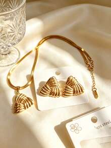 European And American Luxury Wrapped Triangle Stainless Steel Jewelry Set, Waterproof, Sweat-Proof, Hypoallergenic, 3D Twisted Texture Triangle Earrings And Snake Bone Necklace, Graduation Season, Photo Shoot, Vacation, Layered Wear, Atmosphere Set, Summer Beach, Music Festival, Vacation, Eye-Catching Atmosphere Accessory - Multicolor - View 6