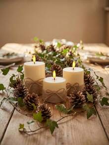 3pcs/Set Flameless LED Candles With Hemp Rope, Ivory Vintage Linen Tie Design, Realistic Flickering Flame, Remote Control And Timer Function, Battery Operated, Suitable For Bedroom, Wedding, Proposal, Christmas, Halloween And Company Party, Holiday Party - White - View 2