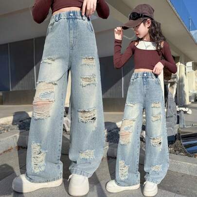 女の子の穴あきジーンズ、春秋にぴったりな女の子のワイドレッグパンツ、子供用ストレートパンツ