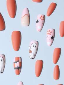 24pcs Almond Shaped Halloween Nails, Ghost, Bat, Spider Web, Pumpkin, Blood Drop, Vampire Design French Nails, Includes 1 Double Sided Tape 1 Nail File, Halloween - Multicolor - View 4