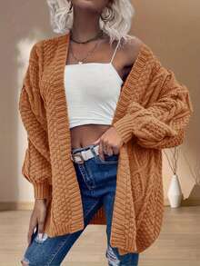 Women's Casual Elegant Cardigan Sweater Short Length Long Sleeve Drop Shoulder Pointelle Woven Fabric Medium Stretch For Fall Winter Everyday Wear - Camel - View 2