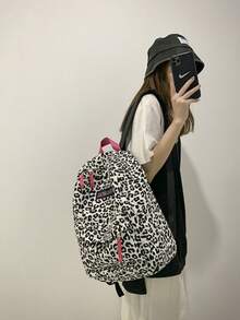 Nylon Backpack, Black And White Leopard Print, Pink Zipper And Logo Patch, Multi-Pocket Large Capacity School Bag, Y2K Style, Suitable For Teenage Girls Daily Campus Outings - Black and White - View 4