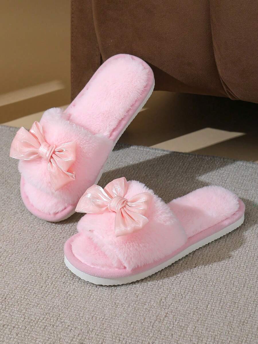 Zapatillas de mujer con lazo y punta abierta, cómodas zapatillas para casa, ligeras, antideslizantes, adecuadas para primavera, otoño y todas las estaciones. - Rosa - Ver 1