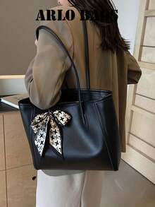 Tas Tote Besar Klasik Elegan dengan Aksesori Syal Bermotif Kotak-kotak yang Dapat Dilepas, Tas Bahu Serbaguna untuk Acara Bisnis, Kasual, dan Sehari-hari - Hitam - View 3