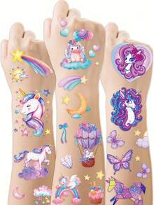 STARTTOOS 5 Sheets Glitter Unicorn 49 Patterns Temporary Tattoo Stickers, Cute Cartoon Waterproof Glitter Rainbow Color Unicorn Balloon Star Design Pattern Birthday Party Christmas Gift Event Holiday Party Set - Multicolor - View 4