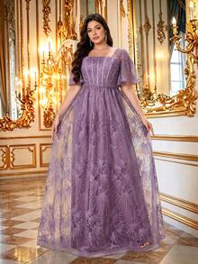 Summer/Fall Plus Size Elegant Dusty Pink Floral Lace Square Neck Flutter Sleeve Belted Beaded Maxi Dress For Wedding Guest, Party, Prom & Festival - Dusty Pink - View 2