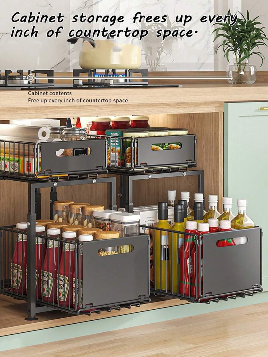 Under Sink Organizer, Pull Out Cabinet Storage Rack,Adjustable Under Sink Rack,Sliding Drawer Caddy,Kitchen Bathroom Storage Basket, Under Cabinet Organizer,Cleaning Supplies Storage Rack,Two Tier Under Sink Storage - Multicolor - View 1