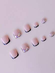 24PCS Short Square White French Floral Gradient 3D Rhinestone Toe Nail Set, Wedding Wearable Nails With 1 Nail File And 1 Piece Jelly Glue, Suitable For Women's Daily And Party - Multicolor - View 3