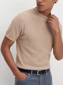 Men's Solid Color Wavy Texture Mock Neck Knit Short Sleeve Slim Fit Crew Neck T-Shirt, Summer Commute Casual Top - Camel - View 2