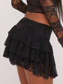 Women's Tiered Lace Mini Skirt Low Waist Sheer Ruffle Hem Y2K Coquette Daily Club Sleepwear Fashion Skirts Spring Summer Fall - Black - View 3