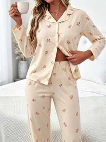 Nina Bonheur 2pcs Set Piyama Wanita Longgar Nyaman Bernapas Atasan Lengan Panjang dan Celana Panjang - Aprikot - View 2