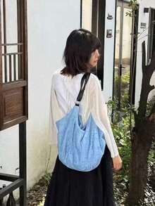 日韓風小眾設計 INS 藍色樹枝鏤空印花手提肩背包 女款休閒通勤外出日常購物大容量托特包 - 藍色 - 查看 6
