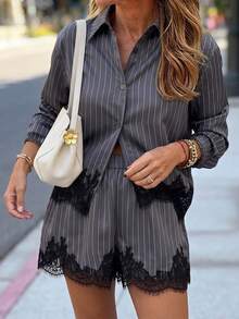 Plus Size Women Grey Striped Lace Trim 2 Pieces Outfit, Long Sleeve Shirt & Shorts Pajama Set, Minimalist Elegant For Back To School Commute Party Daily Wear - Grey - View 2