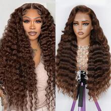 bling hair Perruque Lace Front Bouclée Marron Chocolat En Cheveux Humains - Water Wave Deep Curly - Dentelle Transparente 13x6 - Hairline Naturelle - Implantation Uniforme - Densité Naturelle - Perruque Longue Ondulée Effet Mouillé - Couleur Marron Chocolat Homogène - Structure Des Ondulations Définies - Perruque Ondulée En Cheveux Humains - S4 - 查看 1