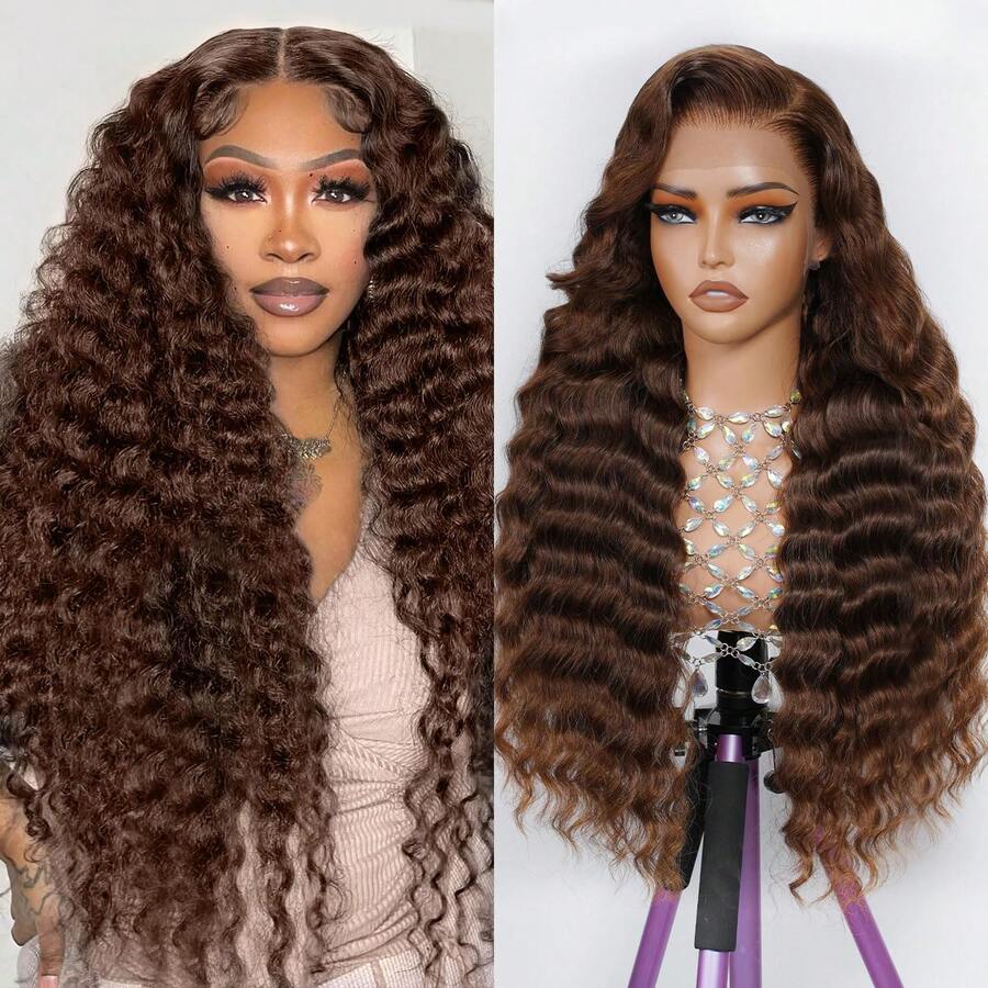 bling hair Perruque Lace Front Bouclée Marron Chocolat En Cheveux Humains - Water Wave Deep Curly - Dentelle Transparente 13x6 - Hairline Naturelle - Implantation Uniforme - Densité Naturelle - Perruque Longue Ondulée Effet Mouillé - Couleur Marron Chocolat Homogène - Structure Des Ondulations Définies - Perruque Ondulée En Cheveux Humains - S4 - 查看 1