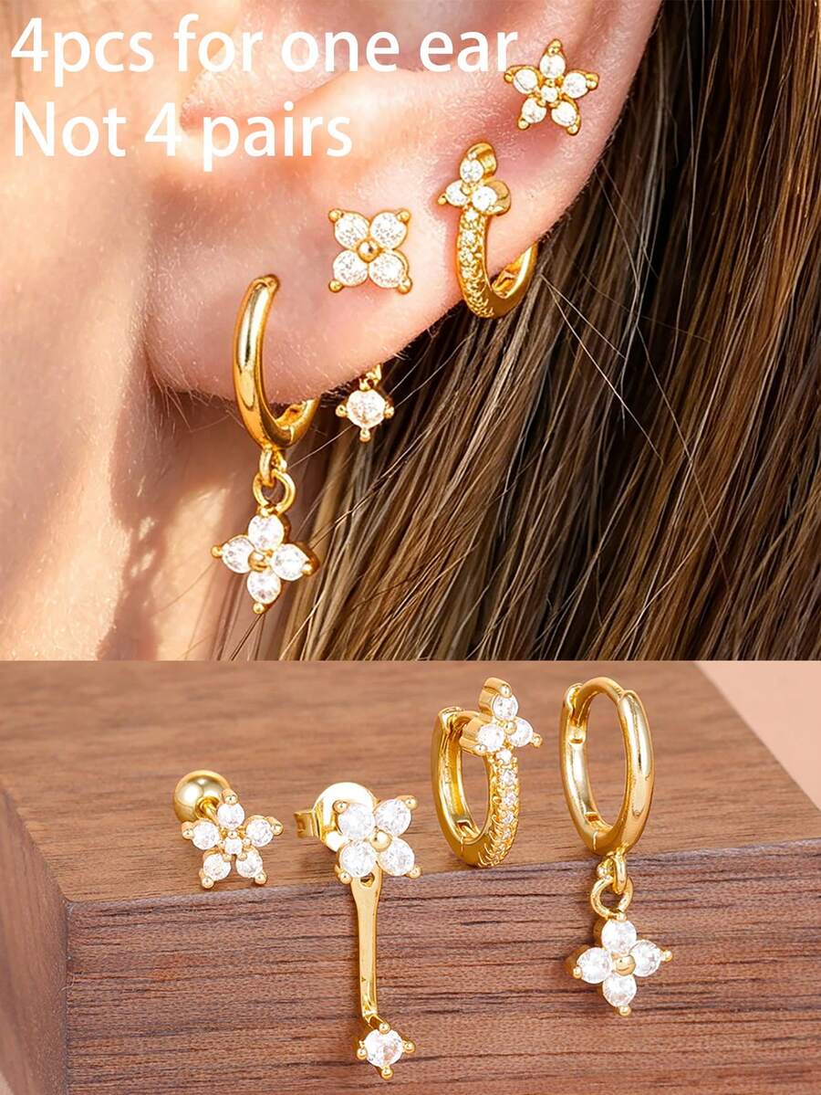 4PCS Exquisite Stainless Steel Zirconia Round Hoop Earring Set For Women 18K Gold Plated Temperament Flower Ear Stud Cartilage Piercing Jewelry - 4PCS-gold - View 1