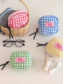 1pc Quilted Padded Makeup Bag, Plaid Small Storage Pouch, Student Coin Purse, Portable Mini Cosmetic Bag, Menstrual Pouch, Miscellaneous Items Organizer - Square - View 7