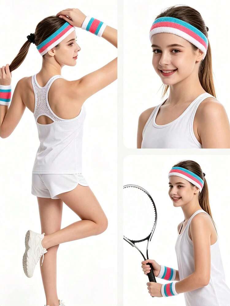 3 Pieces Children's Basketball Headband And Wristband Set: High-Elastic Sweat-Absorbing Sports Wristbands For Basketball And Tenni, First Day Of School - Multicolor - View 3