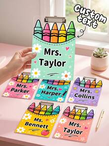 1pc Custom Teacher Name Crayon Bucket Clipboard, Personalized Cute Rainbow Crayon Writing Board, Pastel Pocket Art Clip Board,Teacher Appreciation Gift,Back To School,OfficeDesk Decor,Teacher Gift - Multicolor - View 2