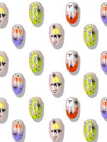 24pcs Short Round Press-On Nails, Colorful Short Nails, Bat & Pumpkin Design, Halloween Nail Stickers - 彩色 - 查看 2