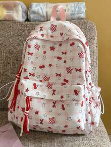 New Women's Large Capacity Star & Cherry Print College Style Backpack - Red - View 1