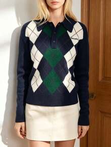 Women's Preppy Argyle Knit Polo Pullover Sweater, Long Sleeve, Medium Stretch, Suitable For Autumn/Winter Wear Vacation - Royal Blue - View 4