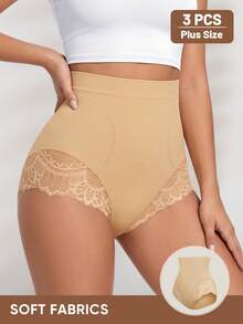 3pcs Plus Size Women's High Waist Panties, Lace Patchwork Hollow Out, Elegant Breathable, Shaping Butt Lift Tummy Control - Multicolor - View 3
