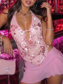 Canotta da donna rosa glamour di lusso con paillettes floreali scintillanti, scollo a V profondo, collo all'americana, completamente senza schienale, adatta per l'estate e l'autunno, per festival, serate fuori e clubwear - Rosa - Visualizzare 2