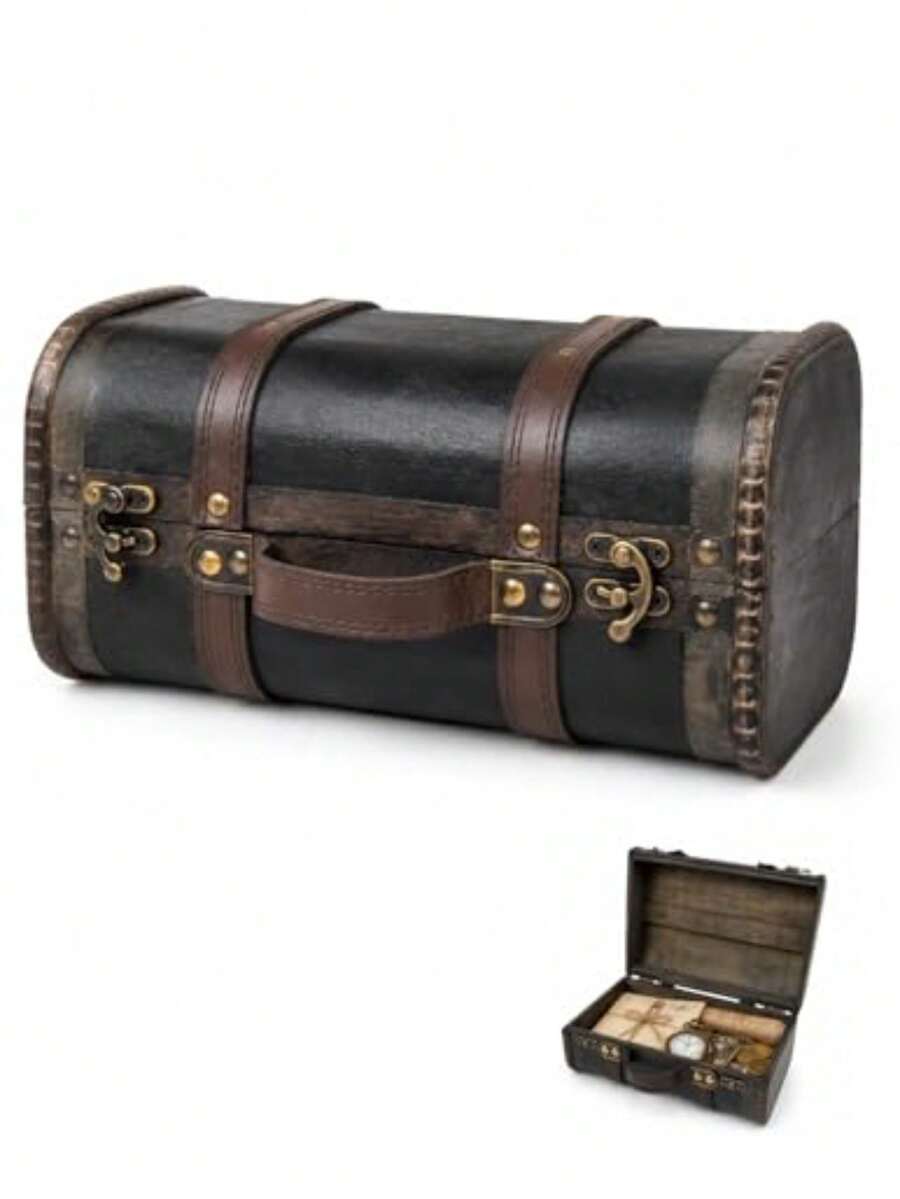 Wooden Treasure Chest Box, Leather Craftg Vtage Small Decorative Storage Boxes, Versatile Display Decorative Box With Hged Lid For Jewelry Trkets, Keepsakes, Photo Props "X5.9"X8.26 - Brown - View 1