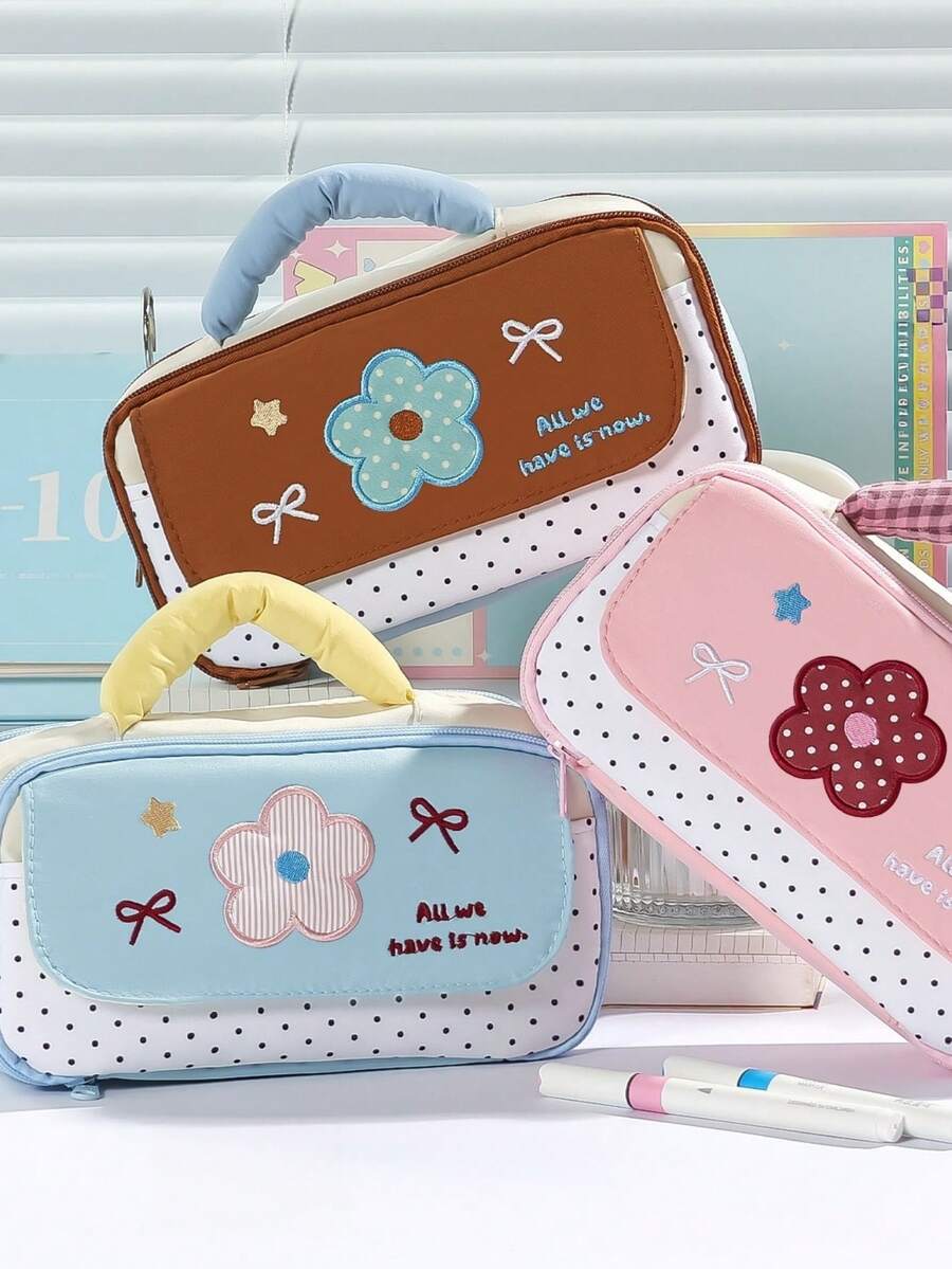 1pc Star Butterfly Floral Polka Dot Pencil Bag, Cute Girly Handheld Multi-Layer Large Capacity Portable Pen Case, For Girls, Back, First Day Of School - Multicolor - View 1