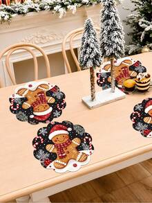 2/4/600pcs Christmas Party Flower-Shaped Placemats - Gingerbread Man With Christmas Hat, Berry Pattern; 13.78 Inch Linen Material; Tabletop Decor Non-Slip, Heat-Resistant And Machine Washable - Multicolor - View 2