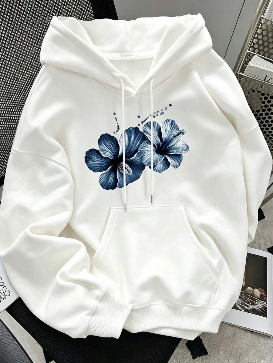 水墨芙蓉花卉印花運動衫，極簡熱帶水彩套頭運動衫，清新海濱自然風日常疊穿上衣 白色
